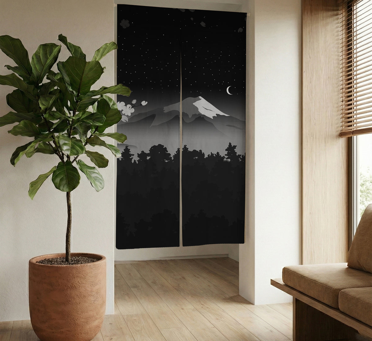 Black Mount Fuji Noren Curtain - Noren Door Curtain - Deskneko - Noren Door Curtains