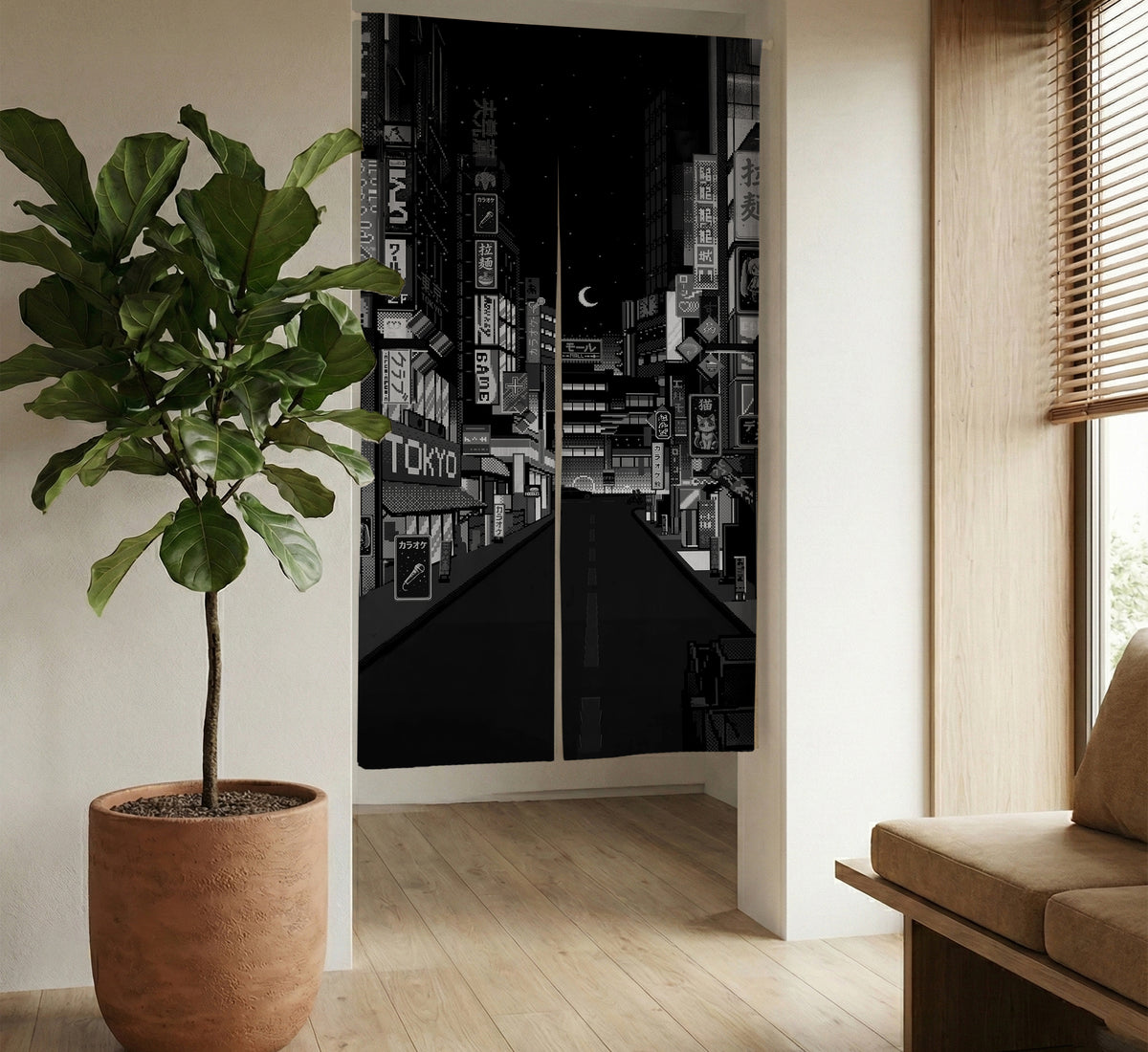 Black Tokyo Street Noren Curtain - Noren Door Curtain - Deskneko - Noren Door Curtains