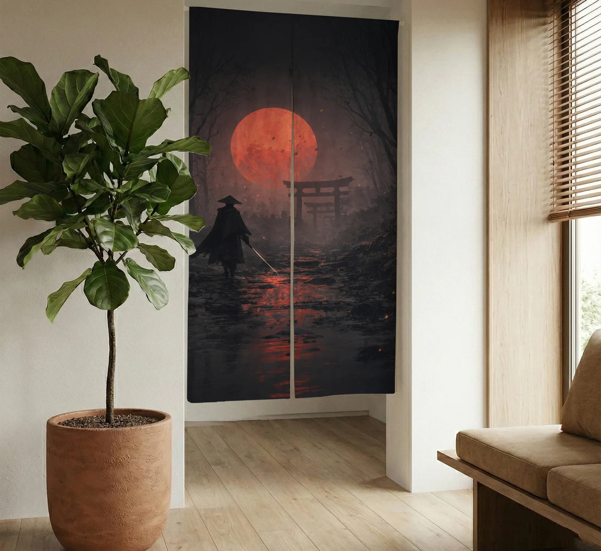 Samurai Red Moon Noren Door Curtain - Deskneko