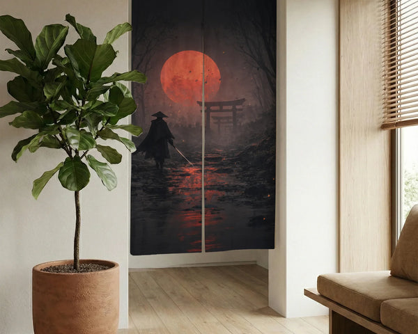 Samurai Red Moon Noren Door Curtain - Deskneko