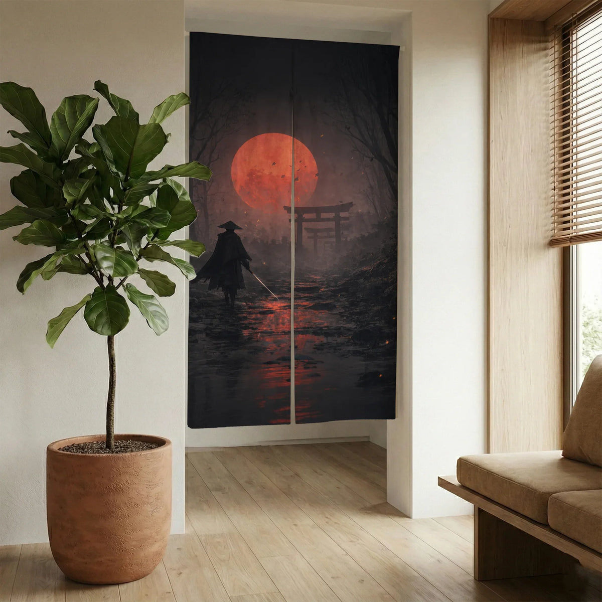 Samurai Red Moon Noren Door Curtain - Deskneko