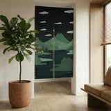 Forest Green Cat Hills Noren Door Curtain - Deskneko
