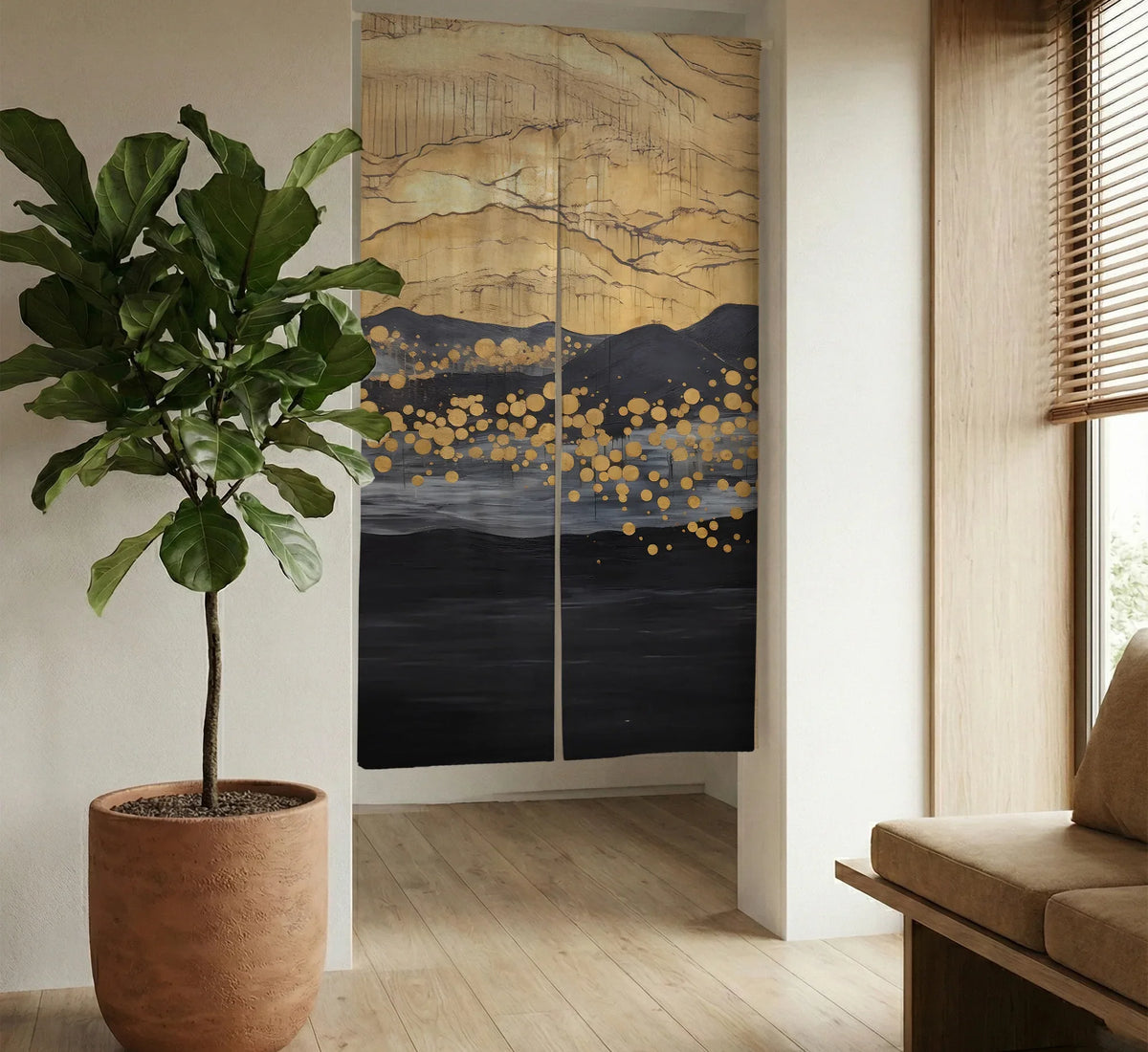 Gold Black Abstract Noren Door Curtain - Deskneko