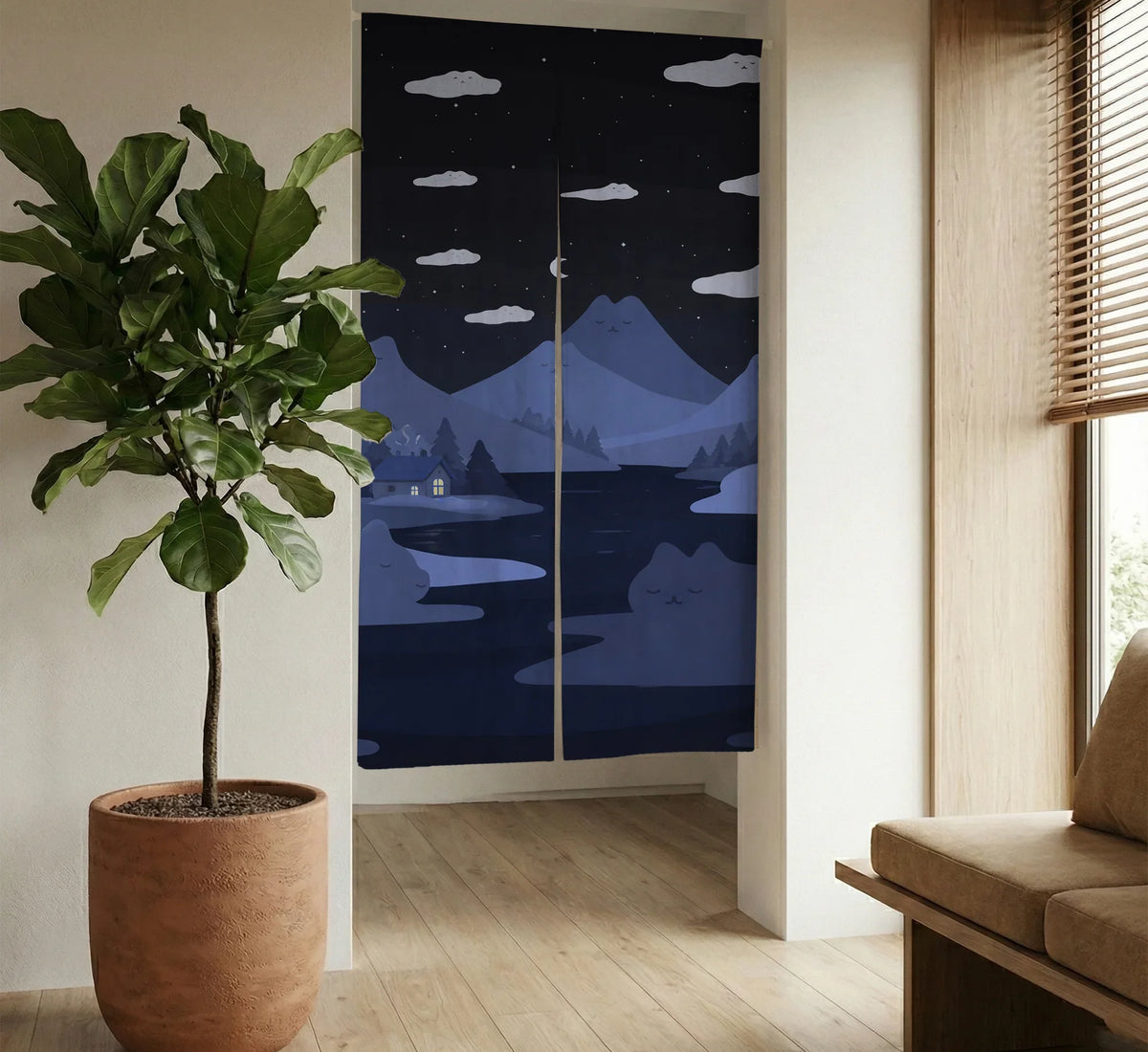 Navy Cat Hills Noren Door Curtain Room Divider - Deskneko
