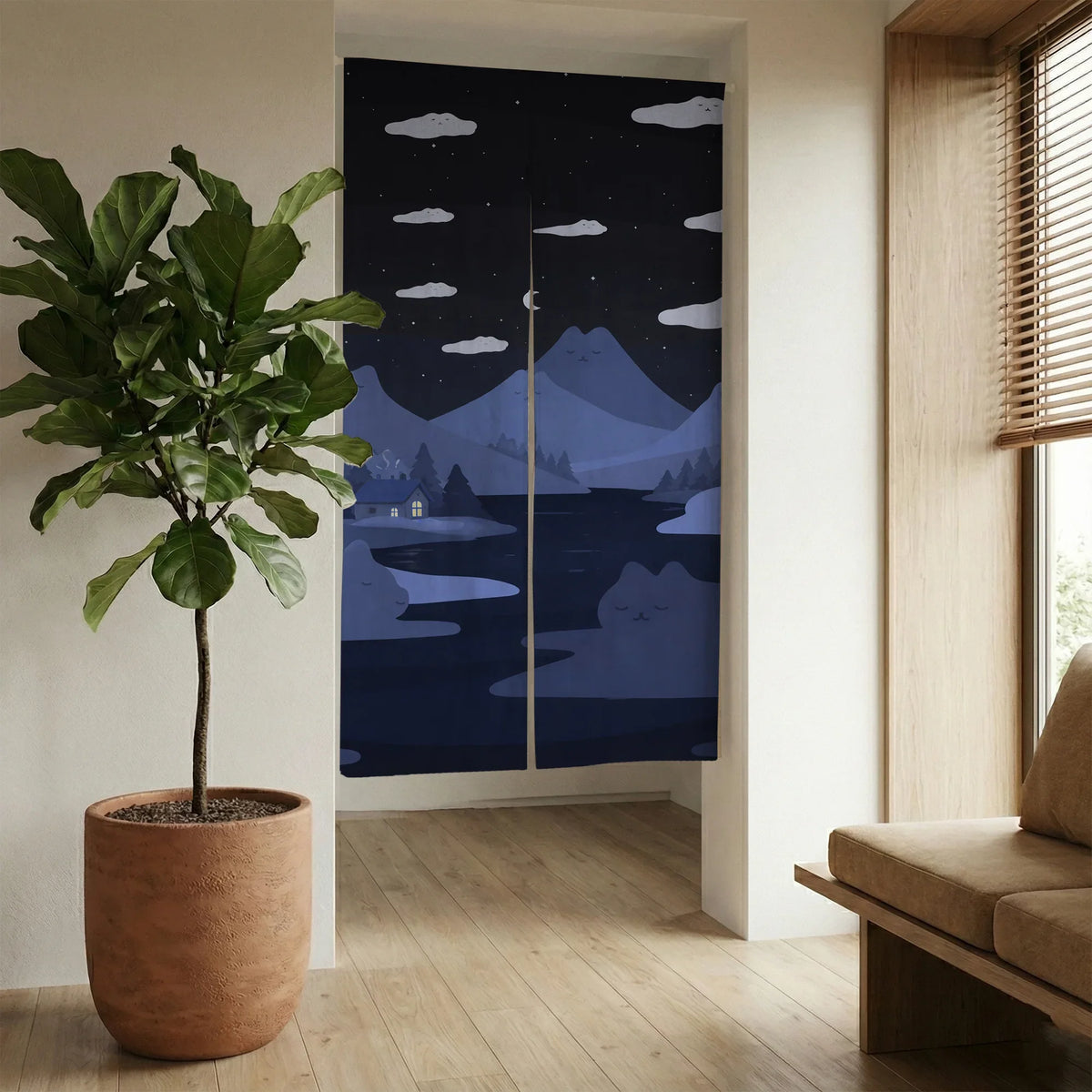 Navy Cat Hills Noren Door Curtain Room Divider - Deskneko
