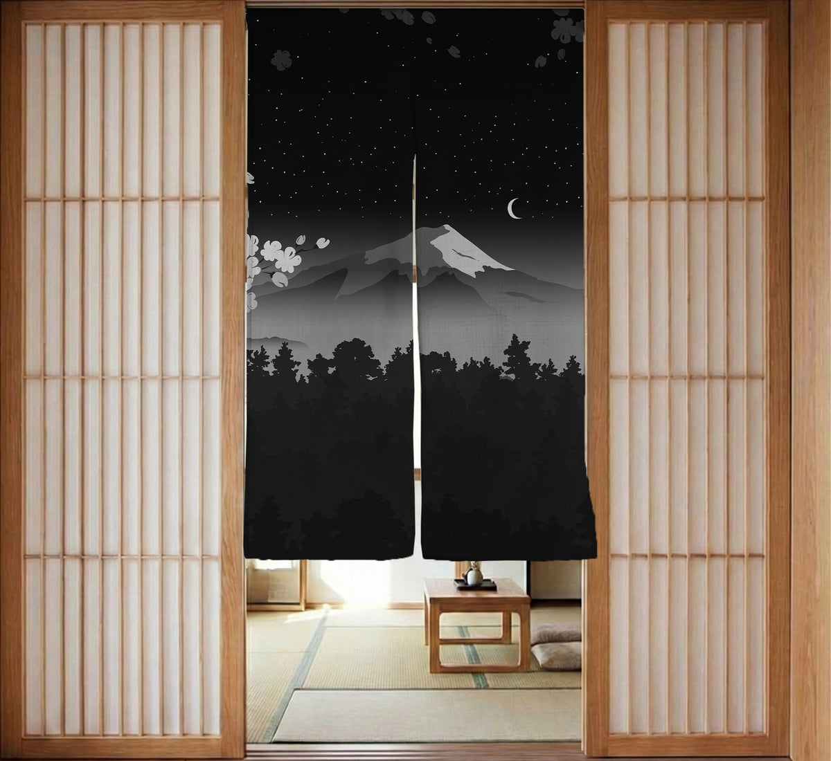 Black Mount Fuji Noren Curtain - Noren Door Curtain - Deskneko - Noren Door Curtains
