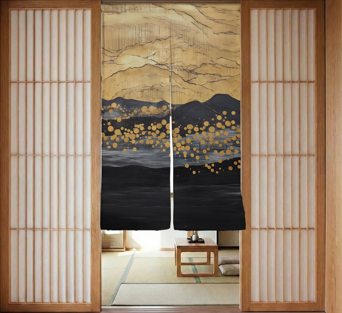 Gold Black Abstract Noren Door Curtain - Deskneko