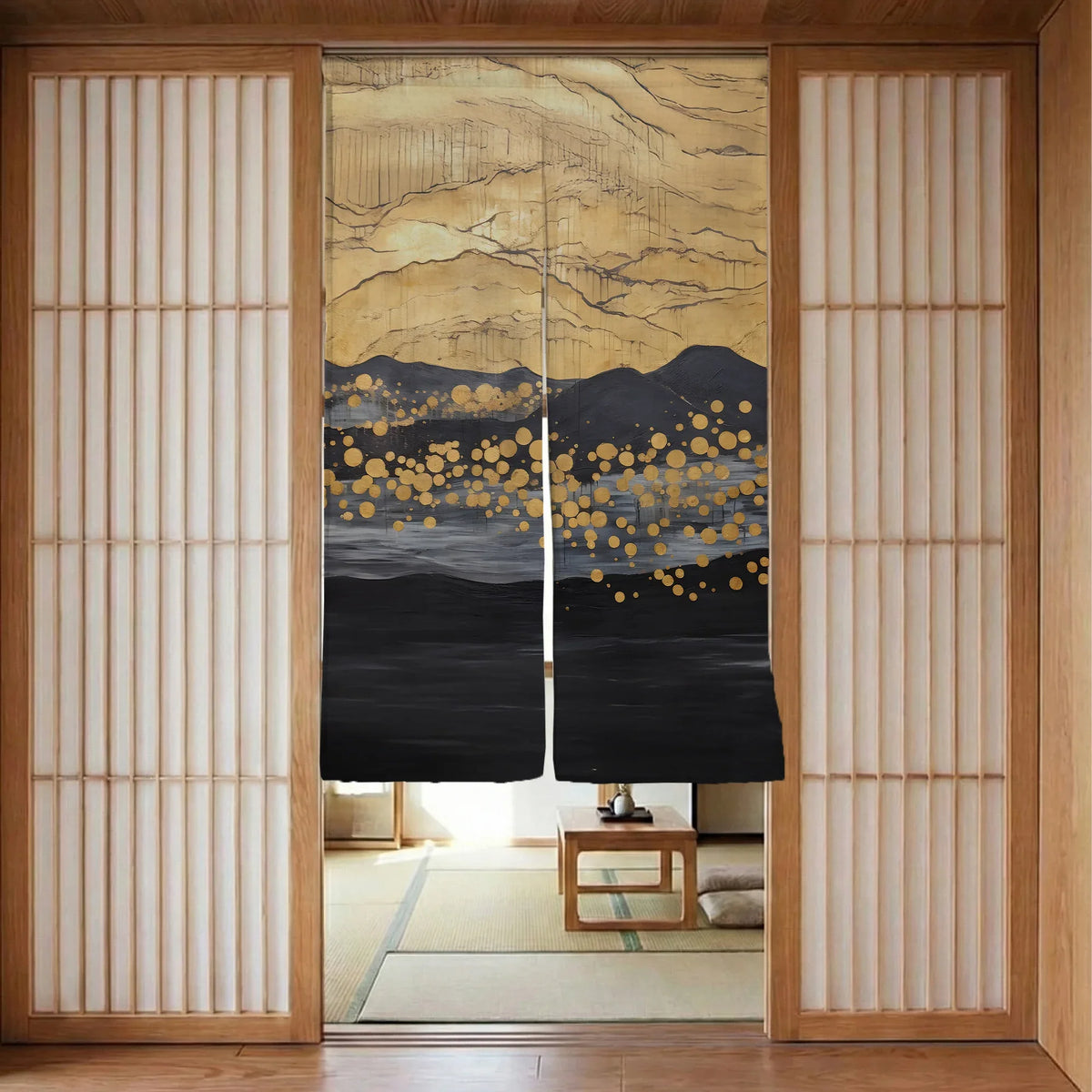 Gold Black Abstract Noren Door Curtain - Deskneko