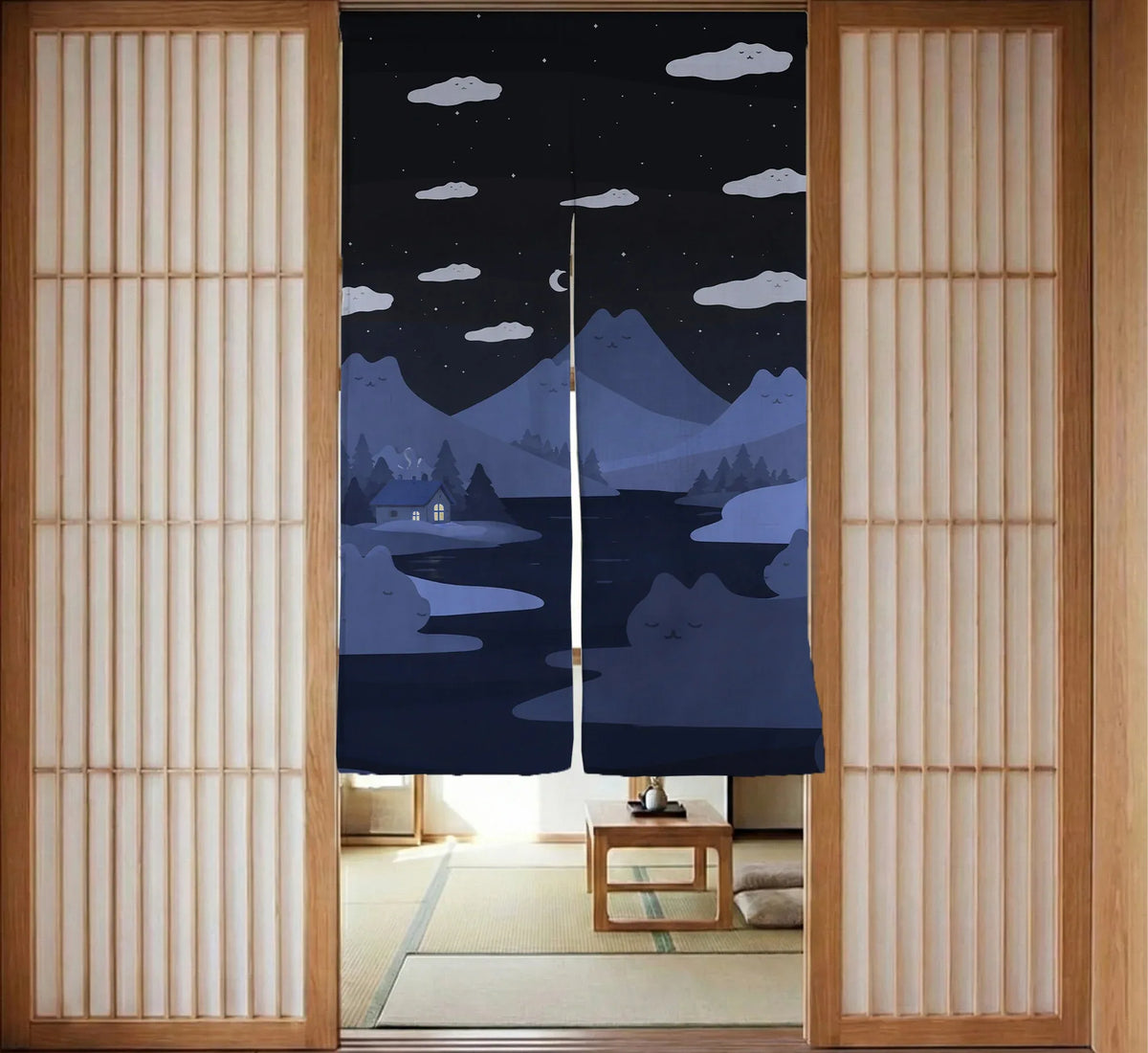 Navy Cat Hills Noren Door Curtain Room Divider - Deskneko