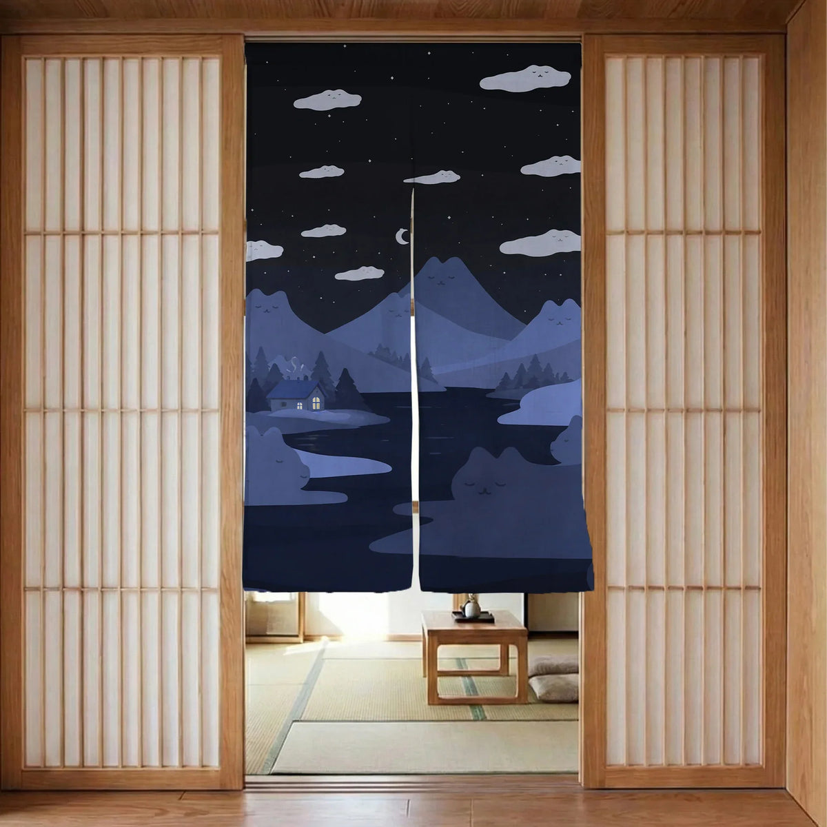 Navy Cat Hills Noren Door Curtain Room Divider - Deskneko