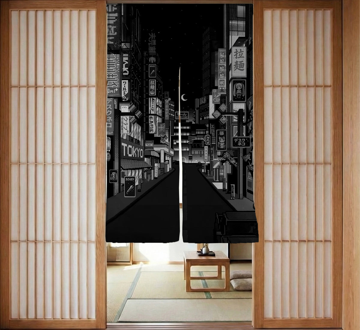 Black Tokyo Street Noren Curtain - Noren Door Curtain - Deskneko - Noren Door Curtains