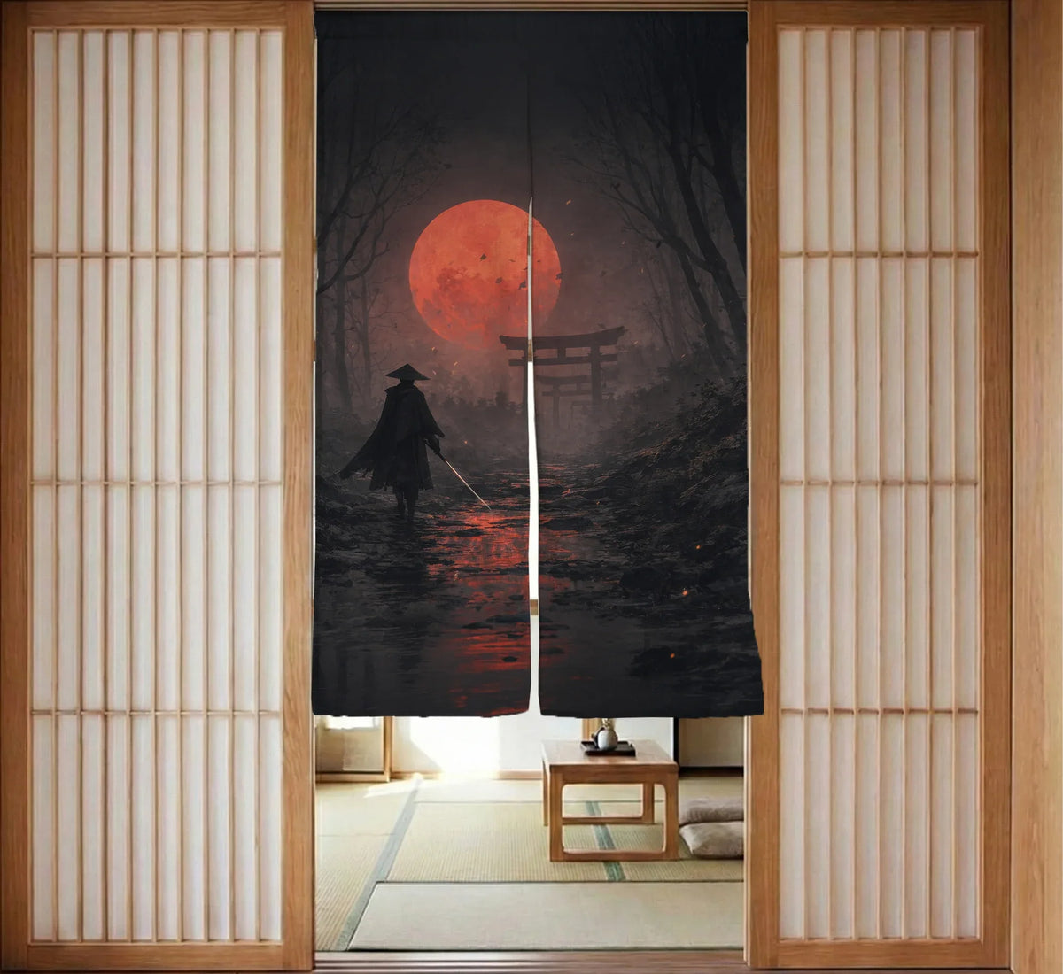 Samurai Red Moon Noren Door Curtain - Deskneko