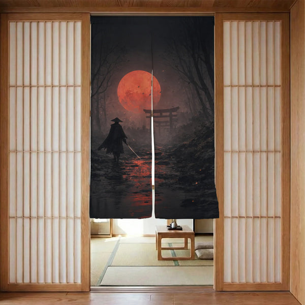 Samurai Red Moon Noren Door Curtain - Deskneko