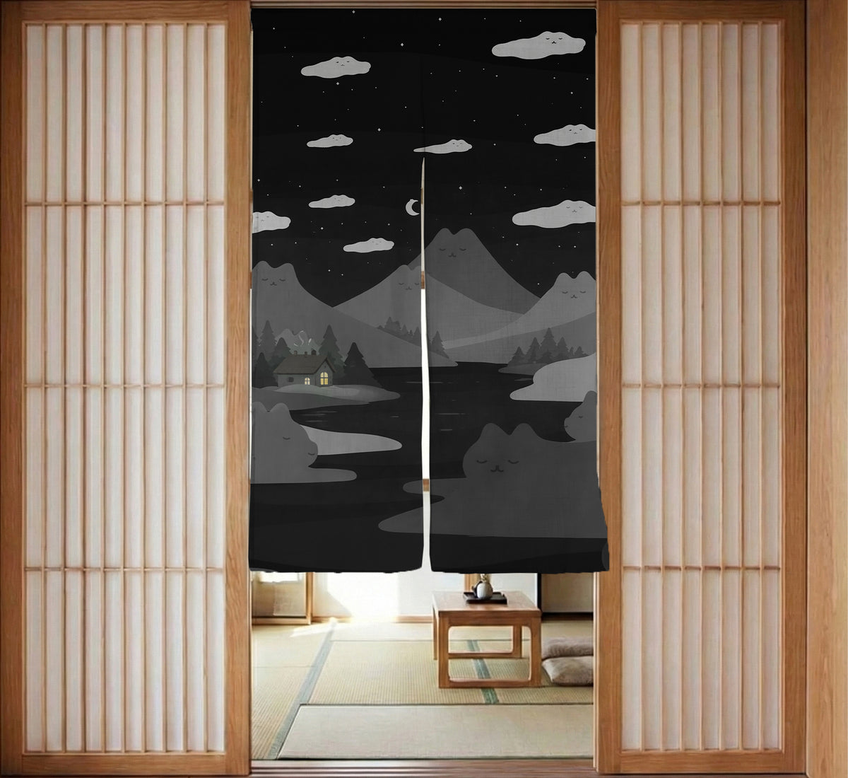 Cute Cat Mountains Noren Curtain - Noren Door Curtain - Deskneko - Noren Door Curtains