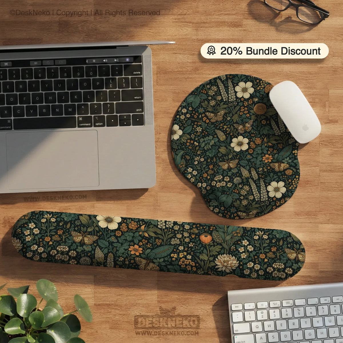 Dark Floral Cottagecore Desk Mat with Botanical Butterflies - Deskneko
