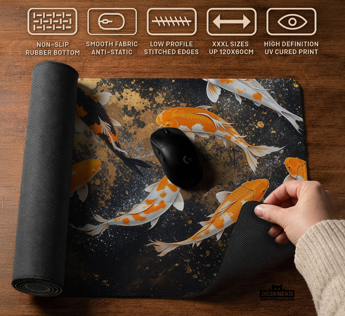 Black Gold Koi Desk Mat Mousepad - Desk Mat - Deskneko - Desk Mats & Mousepads