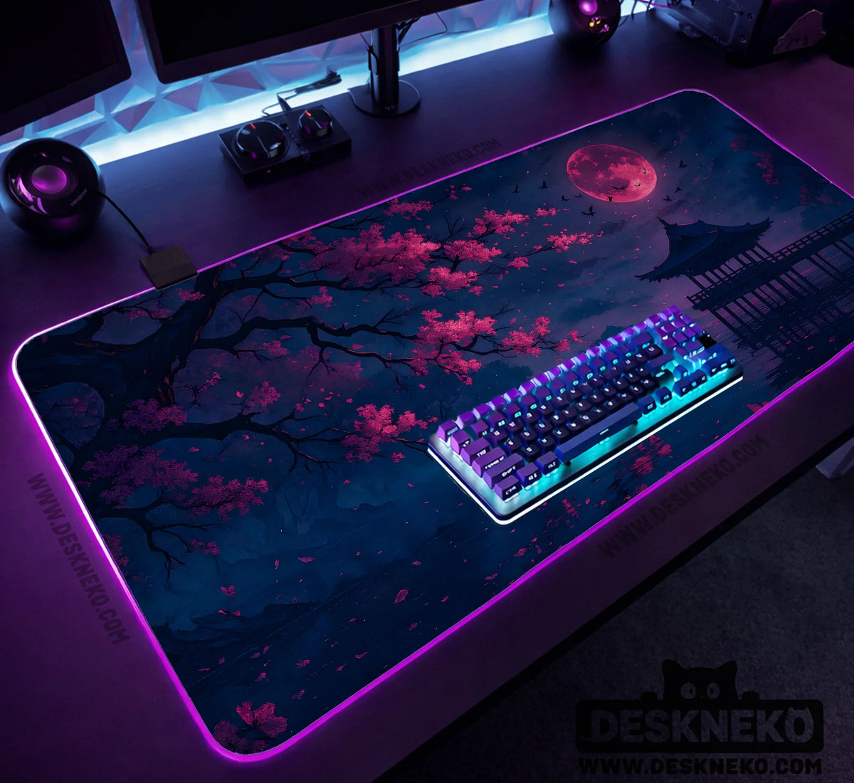 Dark Sakura Cherry Blossom Desk Mat - Deskneko