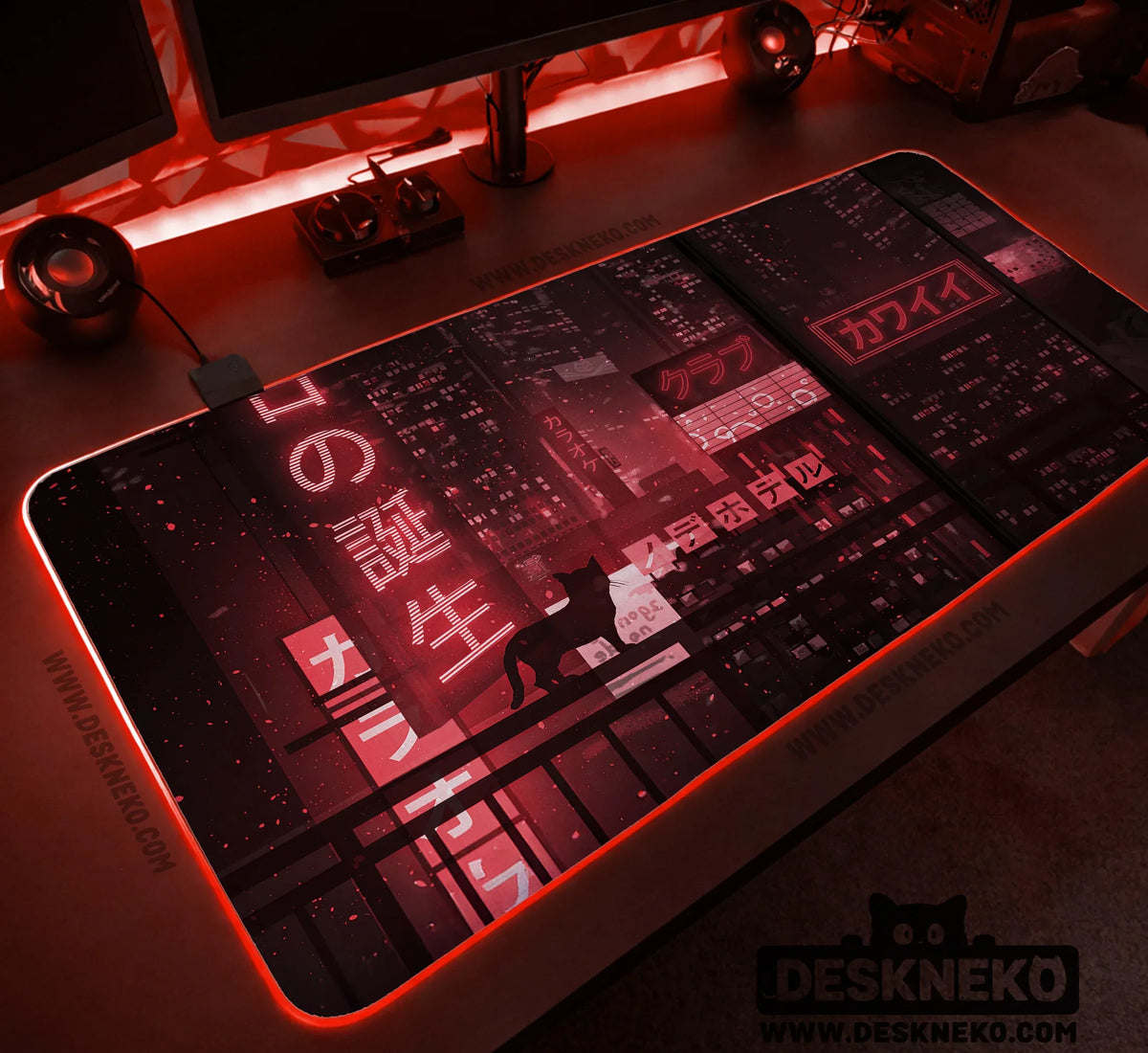 Red Cyberpunk Tokyo Cat Desk Mat - Deskneko