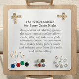 Square mahjong table mat with a cream center and a border design of cranes, bamboo, plum blossoms, and a geometric frame in sage green and warm gold.