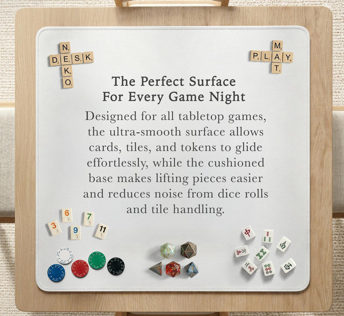 Square mahjong table mat with a black and silver dragon border, cloud details, and a scalloped edge.