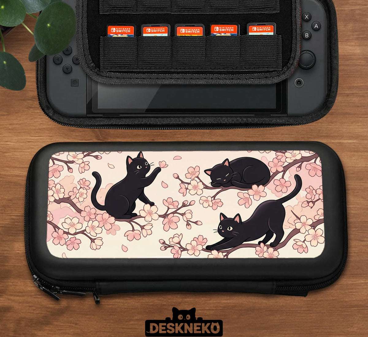 Switch case with black cats and cherry blossoms on a light pastel background.