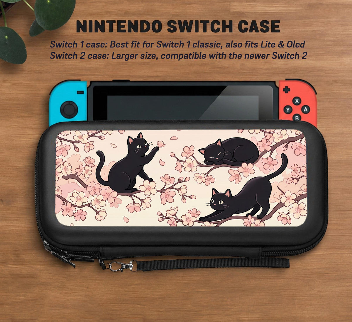 Switch case with black cats and cherry blossoms on a light pastel background.