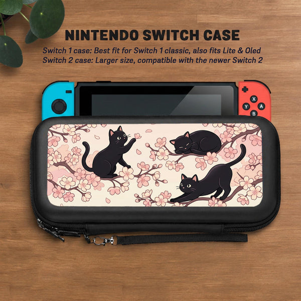Switch case with black cats and cherry blossoms on a light pastel background.