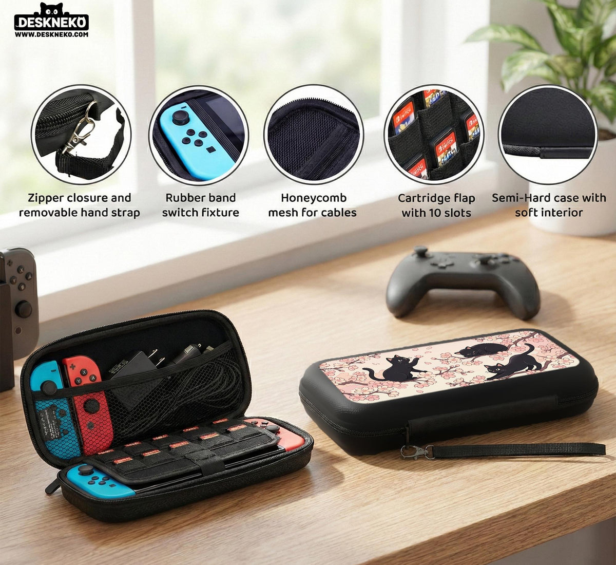 Switch case with black cats and cherry blossoms on a light pastel background.