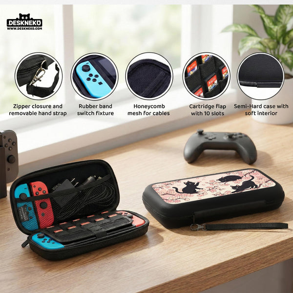 Switch case with black cats and cherry blossoms on a light pastel background.