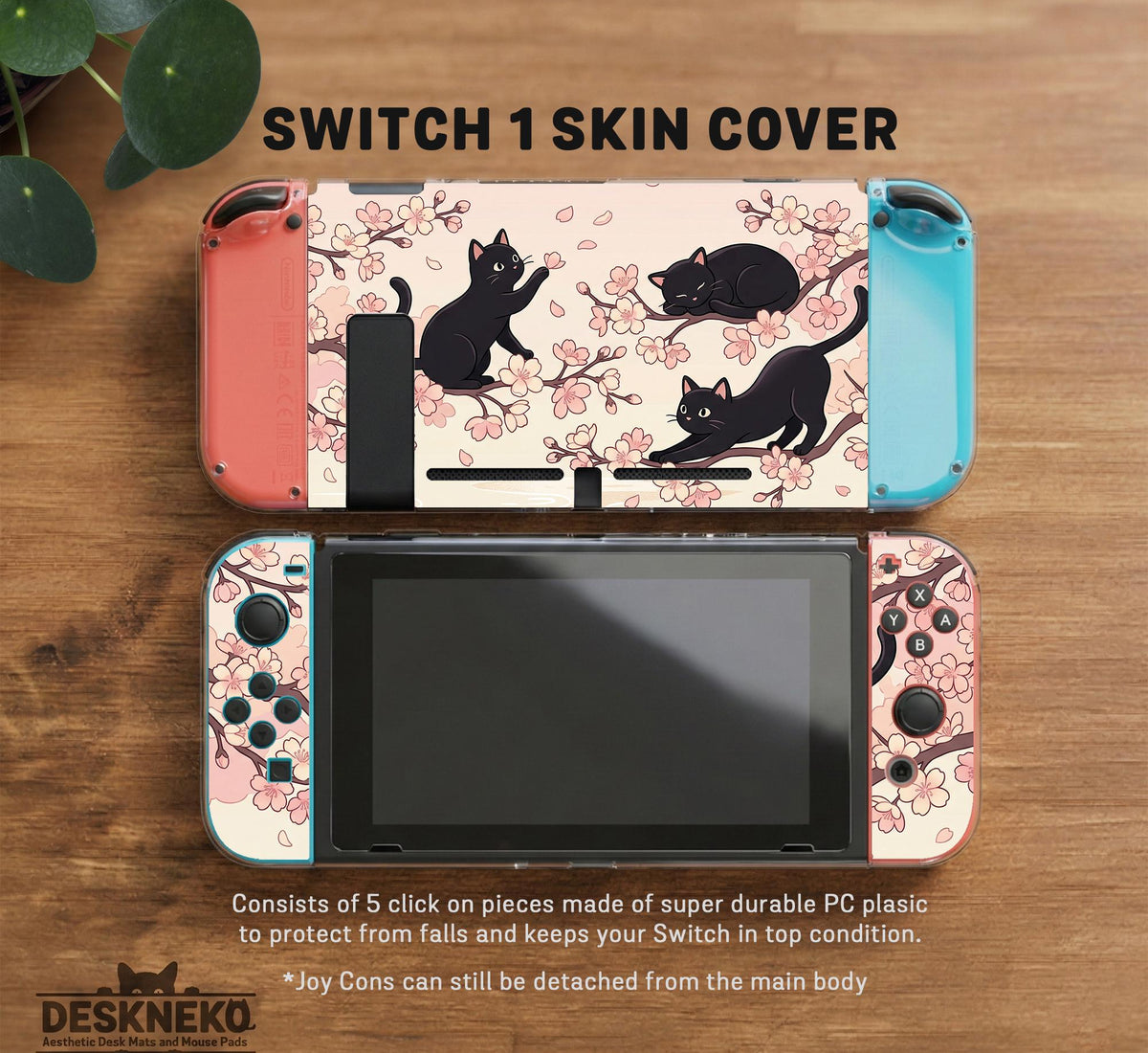 Switch case with black cats and cherry blossoms on a light pastel background.