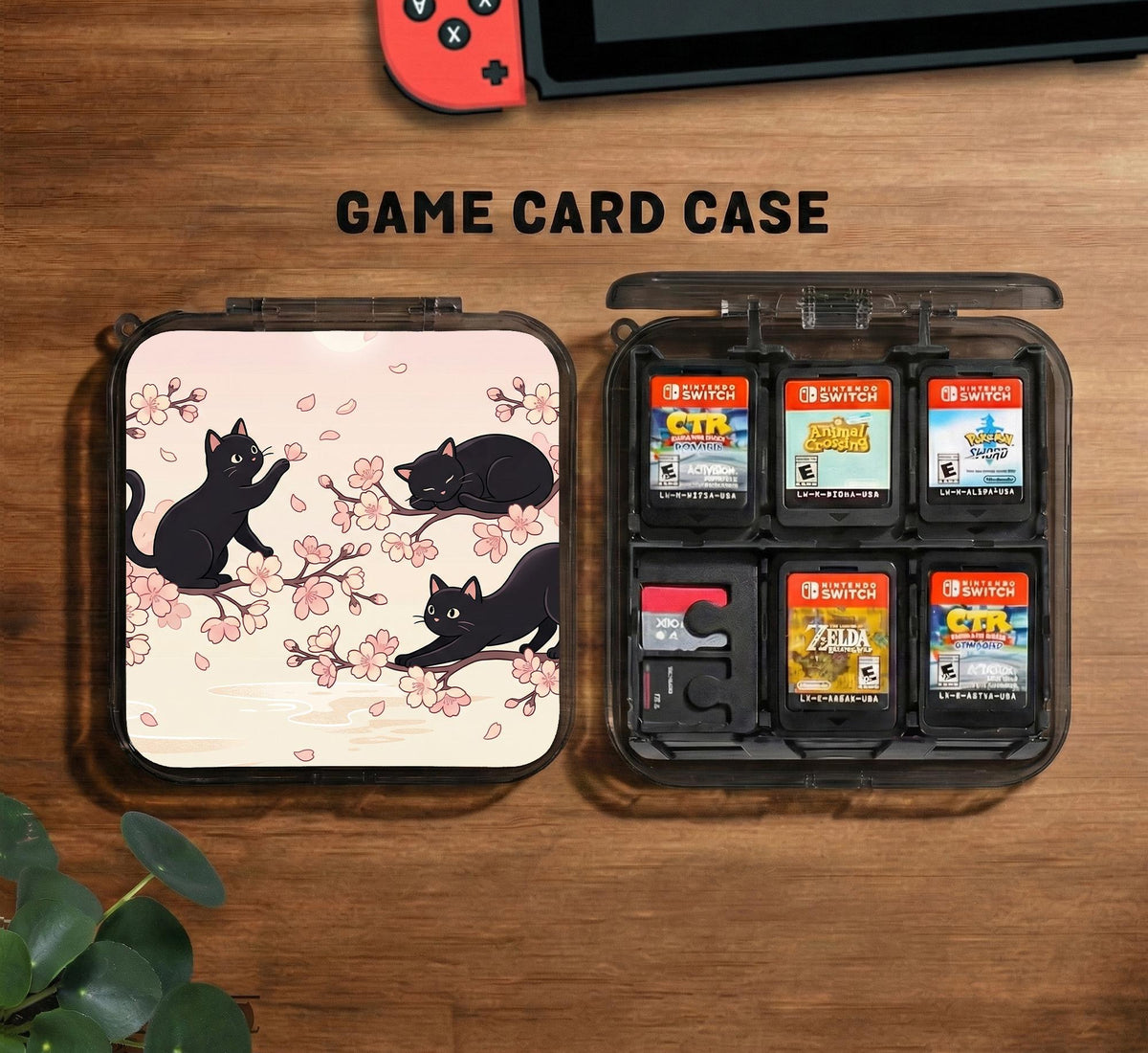 Switch case with black cats and cherry blossoms on a light pastel background.