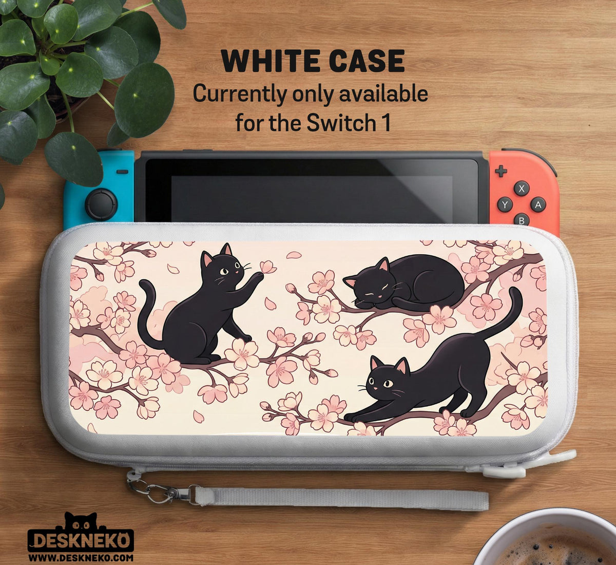 Switch case with black cats and cherry blossoms on a light pastel background.