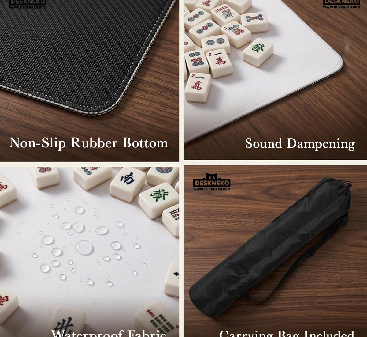 Square mahjong table mat with a black and silver dragon border, cloud details, and a scalloped edge.