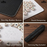 Square mahjong table mat with a black and silver dragon border, cloud details, and a scalloped edge.