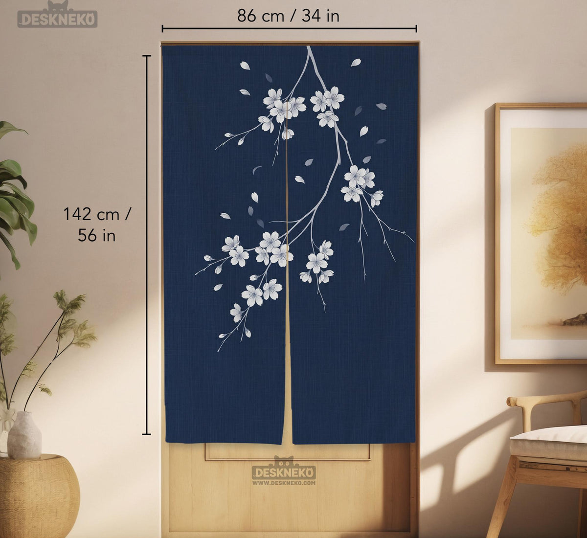 Navy door curtain with pink cherry blossom branches and a light floral layout on a dark background.