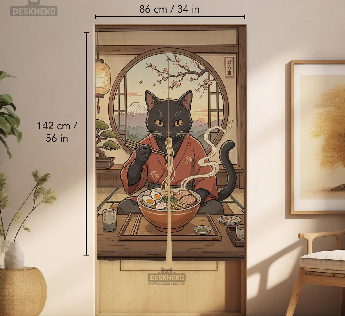 A decorative door curtain with a black cat design, cherry blossoms, and warm neutral background tones.