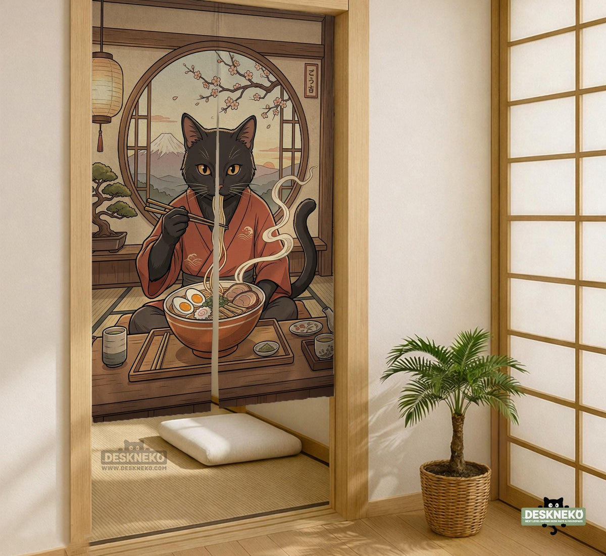 A decorative door curtain with a black cat design, cherry blossoms, and warm neutral background tones.