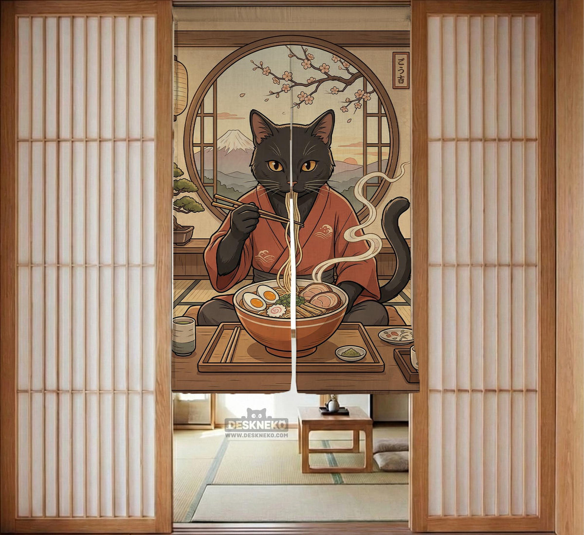 A decorative door curtain with a black cat design, cherry blossoms, and warm neutral background tones.