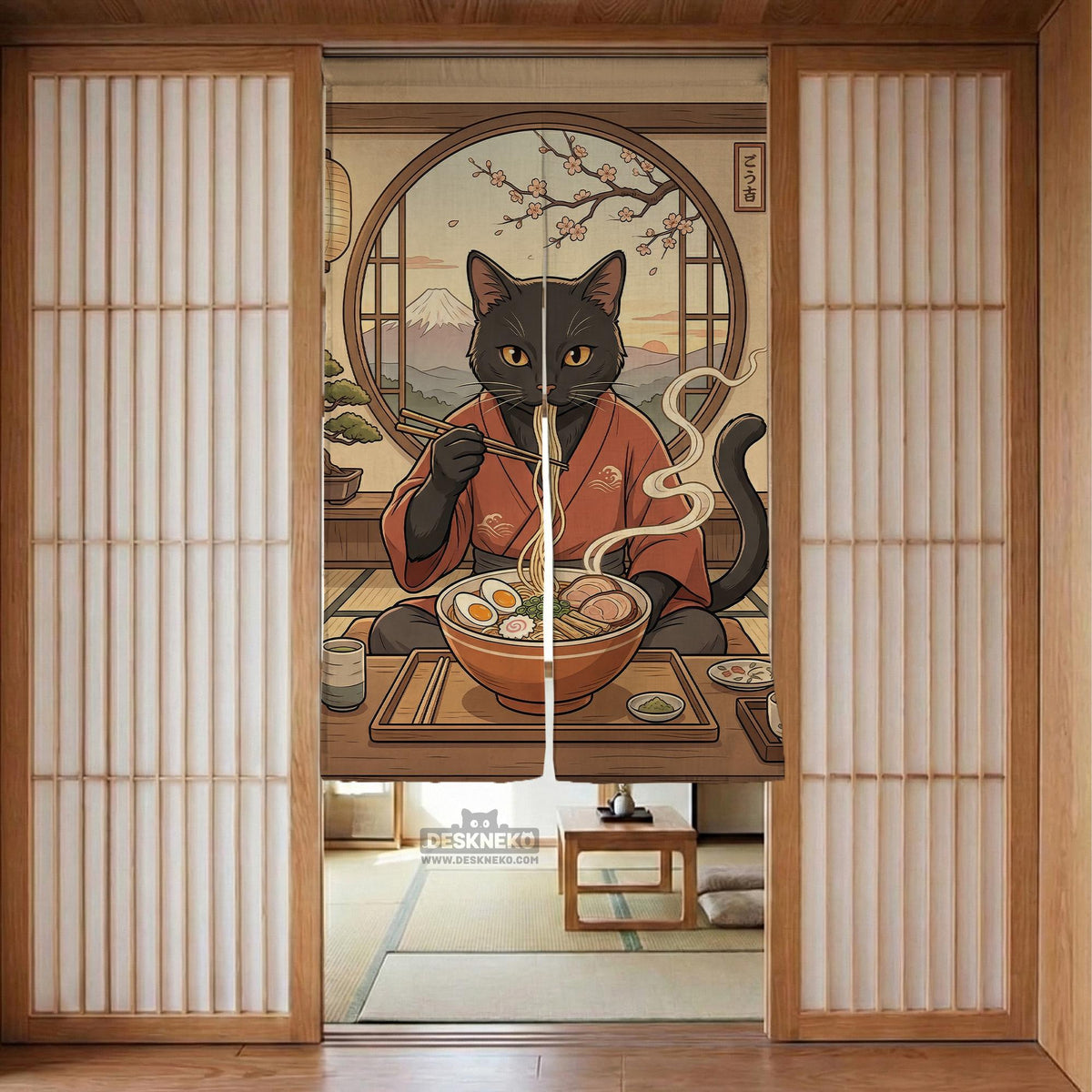 A decorative door curtain with a black cat design, cherry blossoms, and warm neutral background tones.