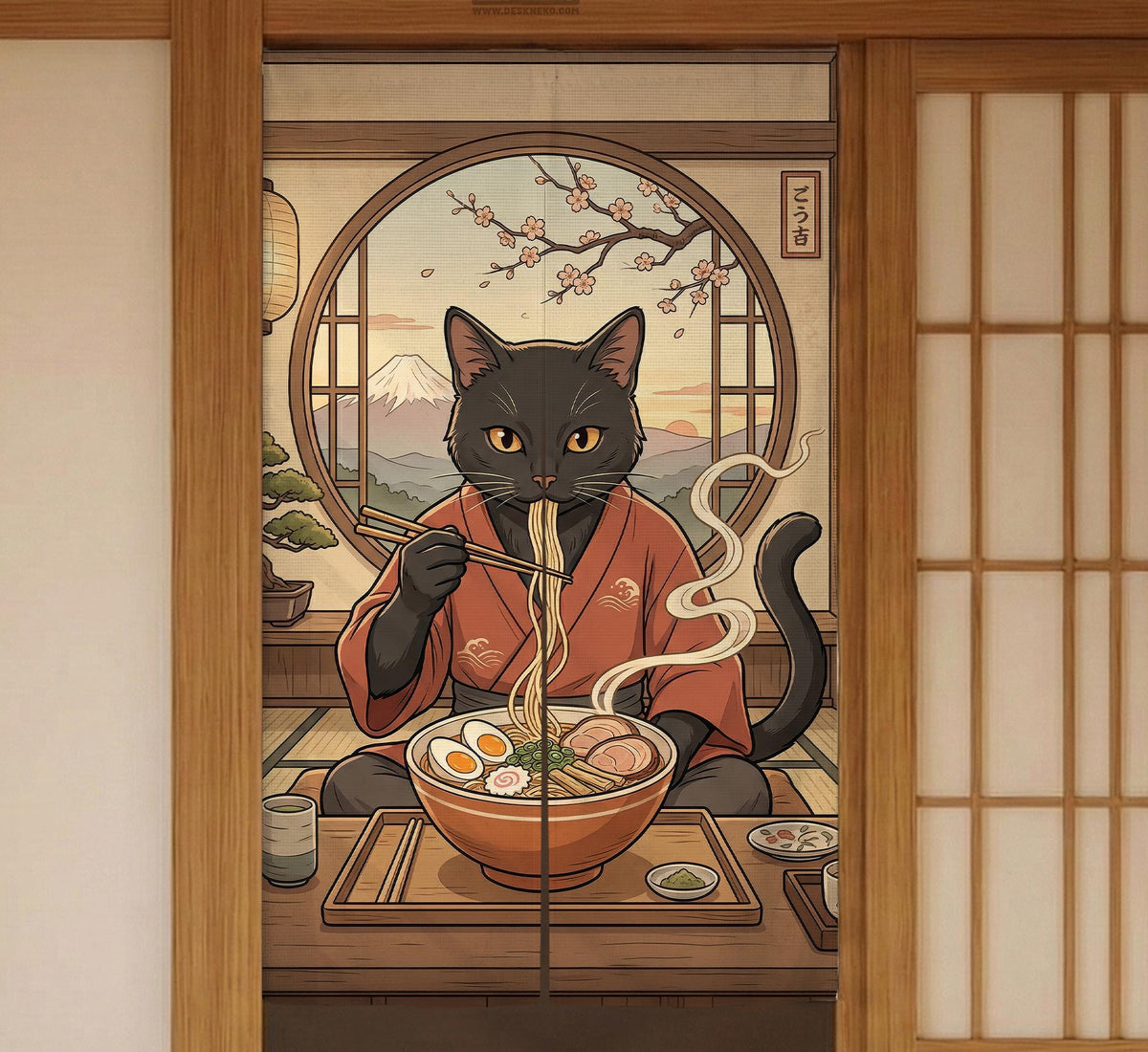 A decorative door curtain with a black cat design, cherry blossoms, and warm neutral background tones.