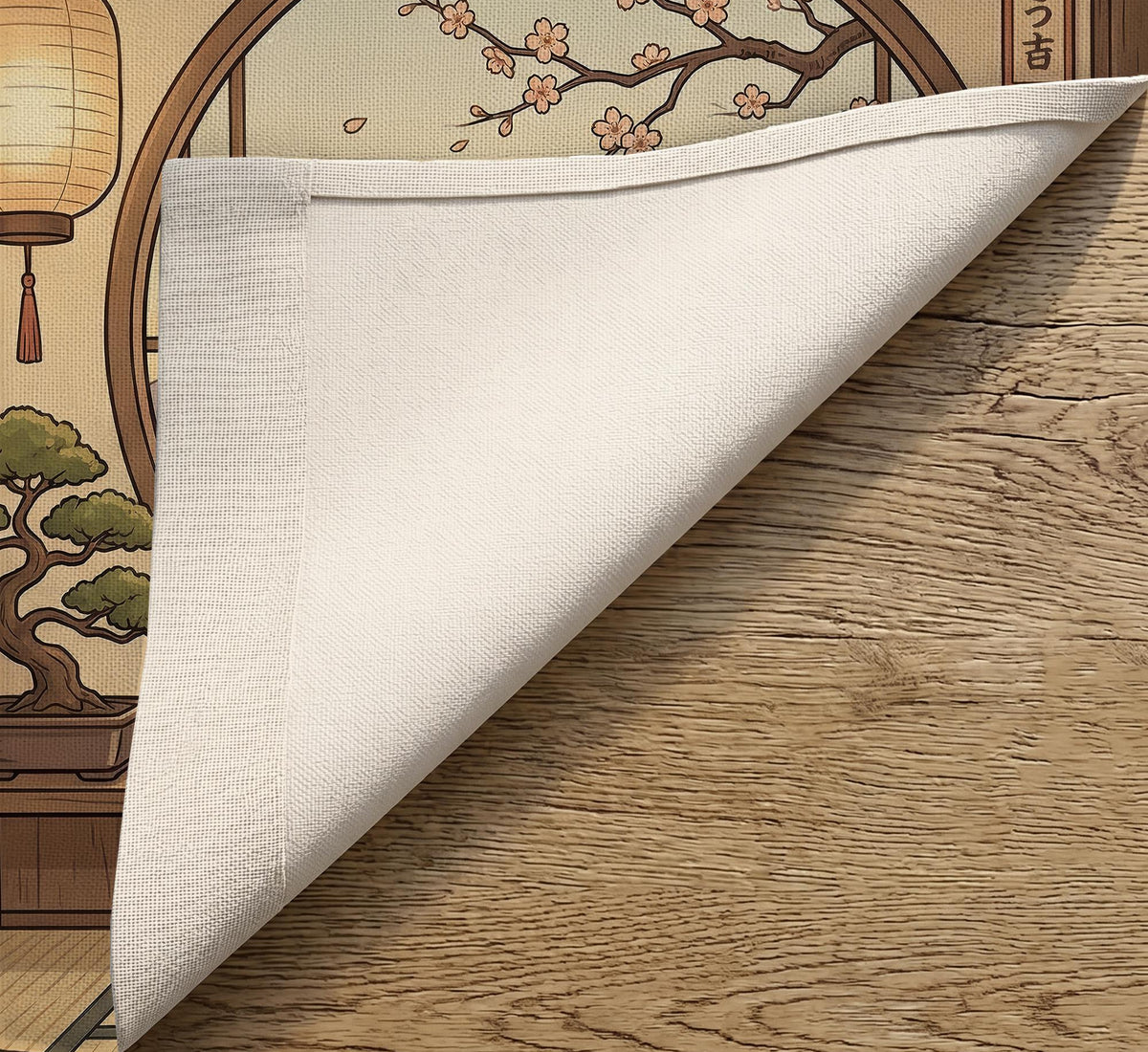 A decorative door curtain with a black cat design, cherry blossoms, and warm neutral background tones.