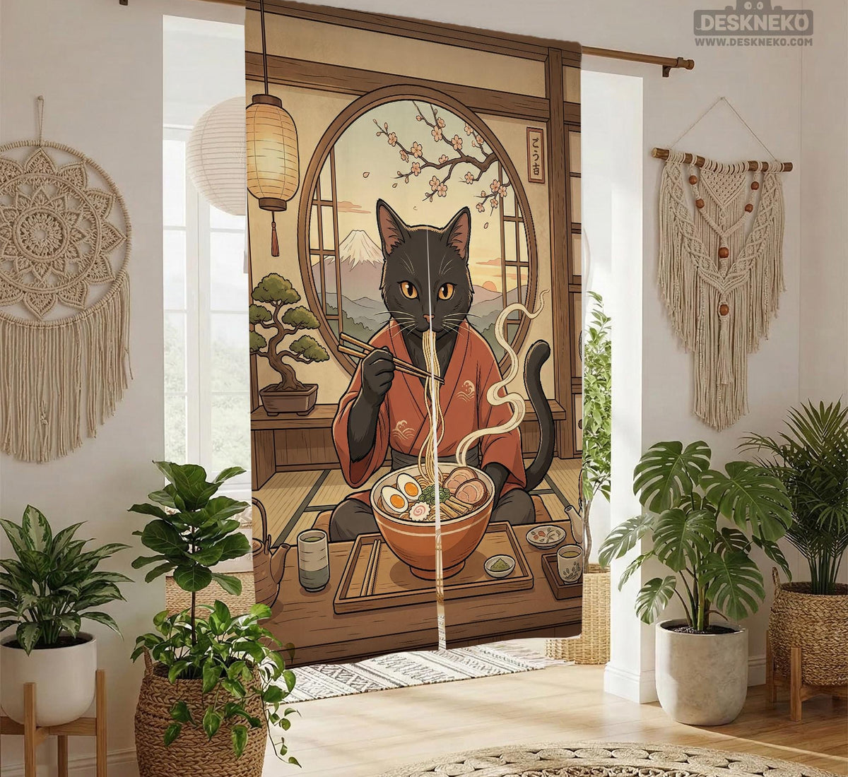 A decorative door curtain with a black cat design, cherry blossoms, and warm neutral background tones.