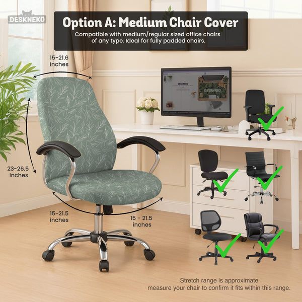 Office chair cover in muted sage green with a light leaf pattern on a white background.