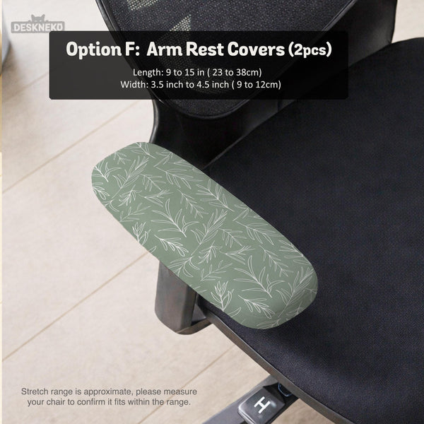 Office chair cover in muted sage green with a light leaf pattern on a white background.