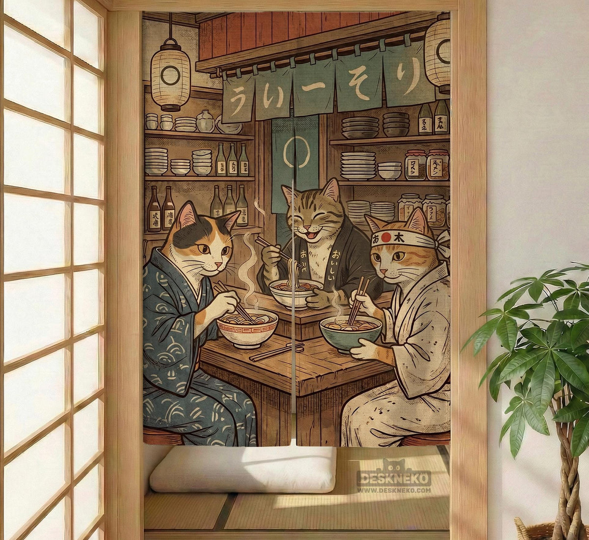 A split-panel Japanese noren curtain showing a ramen shop scene with three cats, warm lantern light, and vintage-style artwork in beige, muted teal, and brown tones.