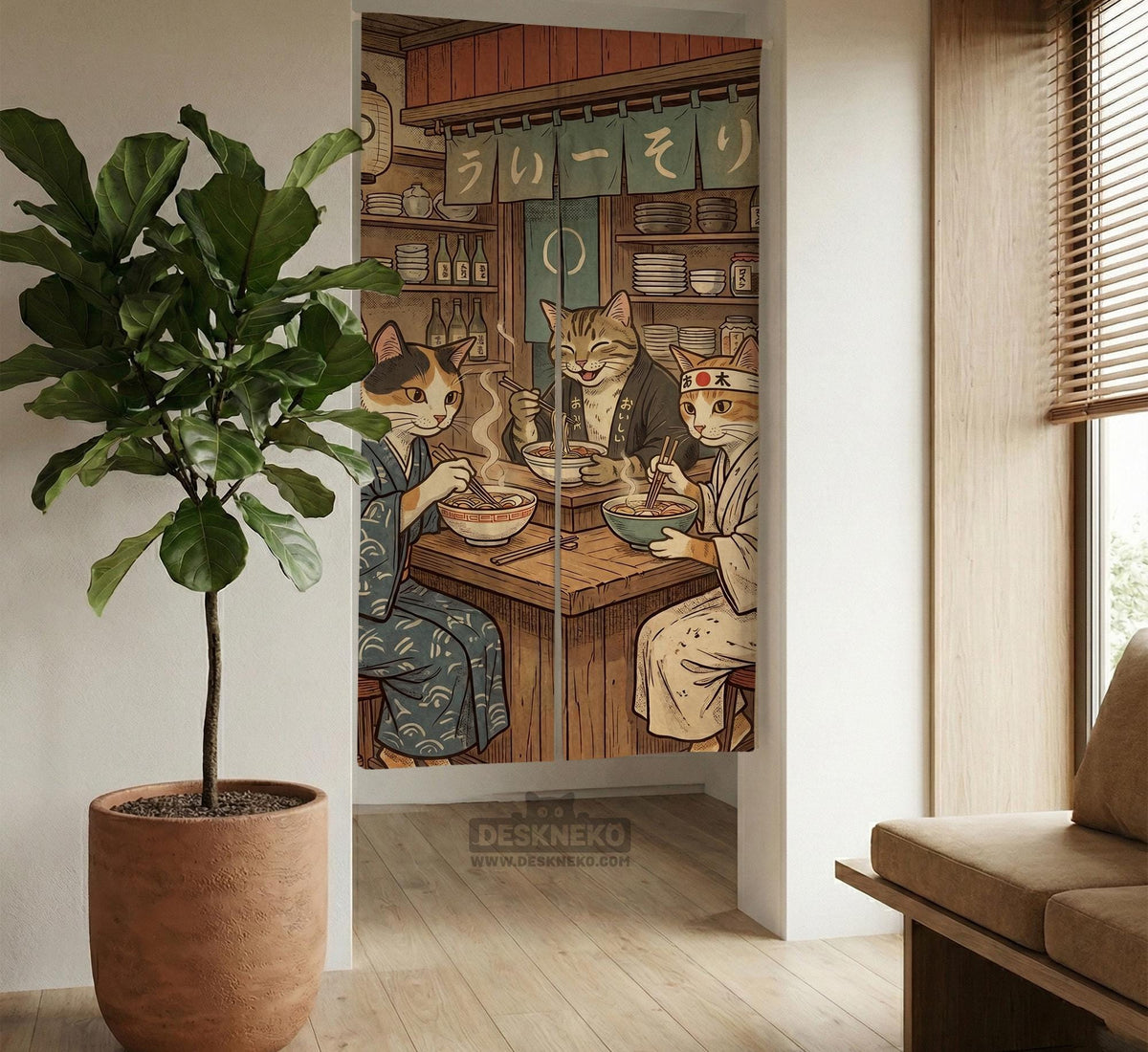 A split-panel Japanese noren curtain showing a ramen shop scene with three cats, warm lantern light, and vintage-style artwork in beige, muted teal, and brown tones.