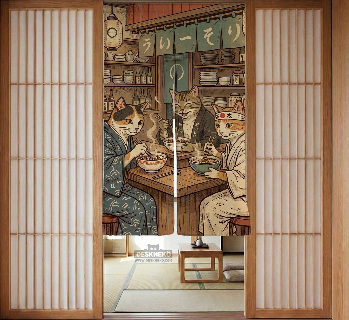 A split-panel Japanese noren curtain showing a ramen shop scene with three cats, warm lantern light, and vintage-style artwork in beige, muted teal, and brown tones.