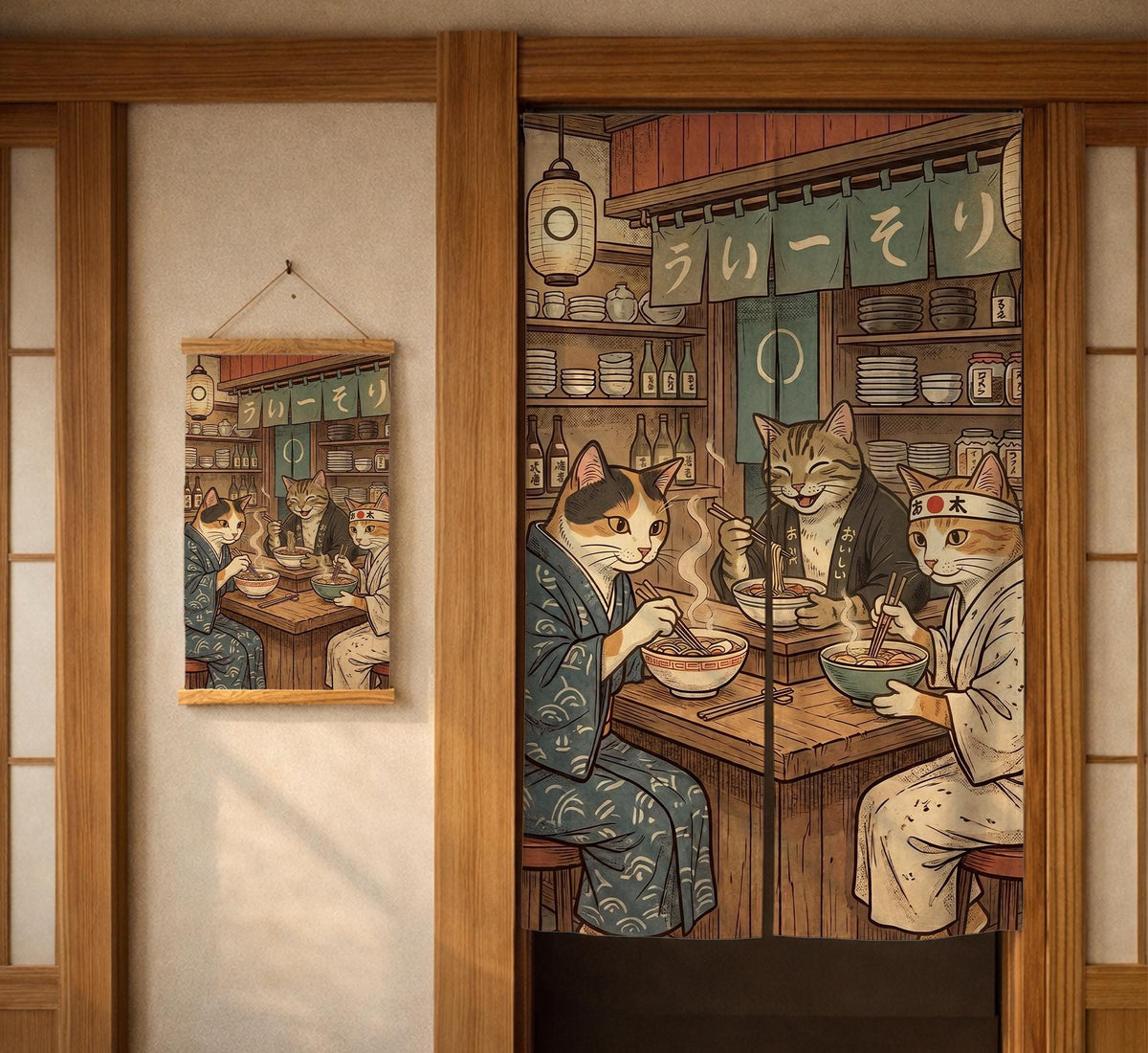 A split-panel Japanese noren curtain showing a ramen shop scene with three cats, warm lantern light, and vintage-style artwork in beige, muted teal, and brown tones.