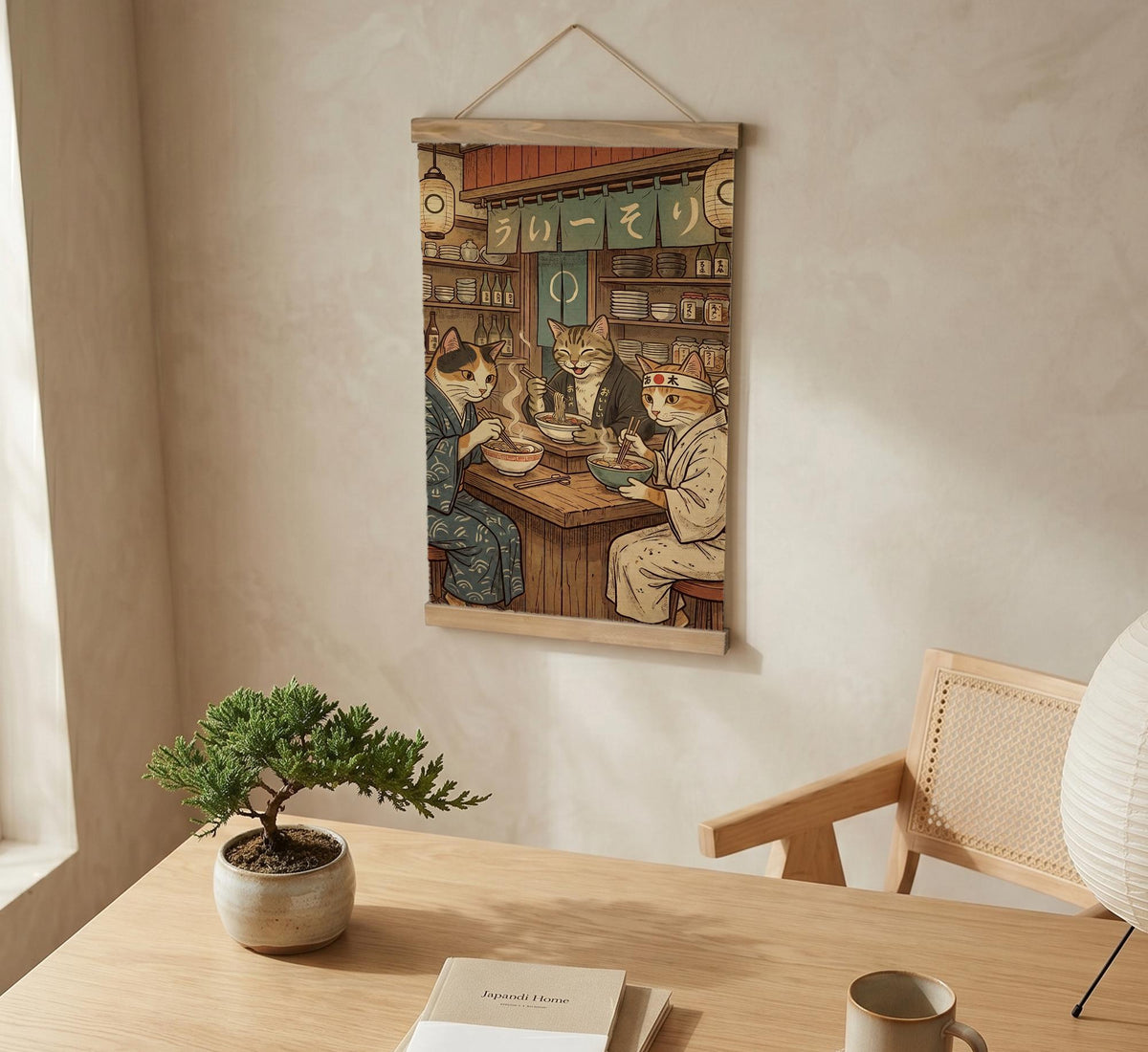 A split-panel Japanese noren curtain showing a ramen shop scene with three cats, warm lantern light, and vintage-style artwork in beige, muted teal, and brown tones.