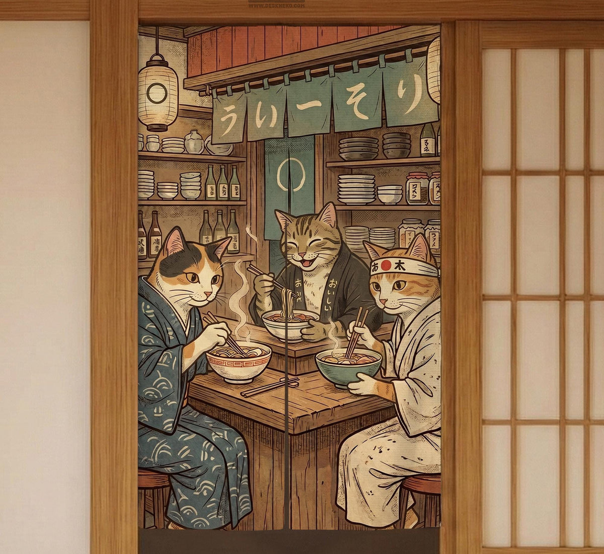 A split-panel Japanese noren curtain showing a ramen shop scene with three cats, warm lantern light, and vintage-style artwork in beige, muted teal, and brown tones.